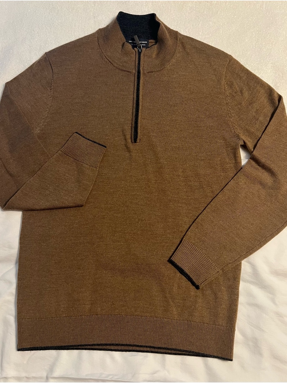 Hart Schaffner Marx Brown 1/4 Zip Sweater with Black Trim Ex Fine Merino Wool